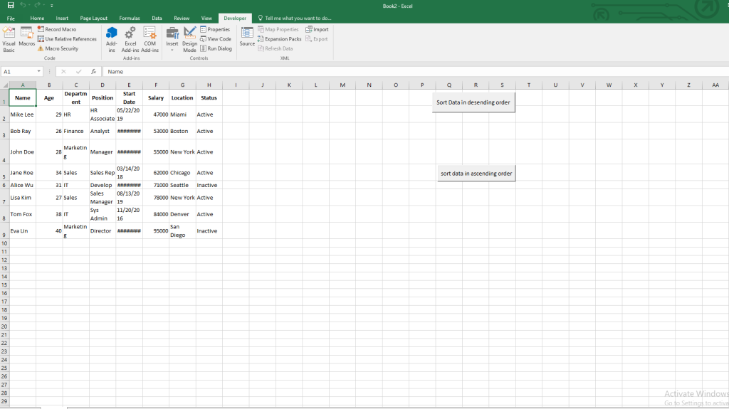 The excel sheet data before running the How to Sort Data in Excel Using VBA Buttons code on it