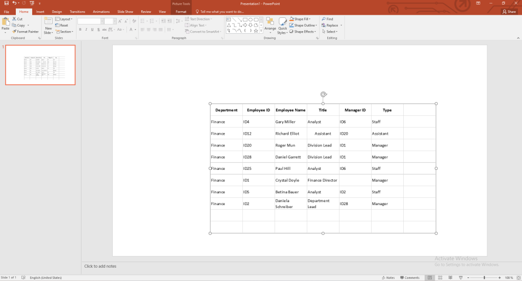 result afte running the code on How to Copy Excel Data to PowerPoint  Using VBA